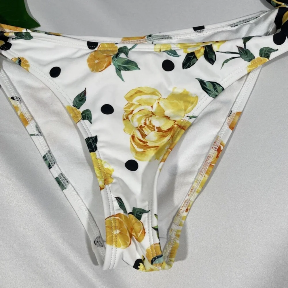 NEW‎ River Island [ 6 US ] Floral Lemon Blocked Tie Side Bikini Bottom White